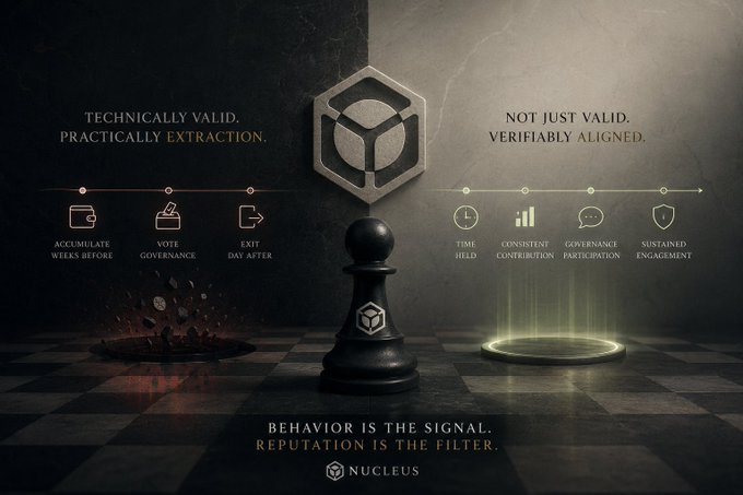 A promotional graphic for 'NUCLEUS' features a chess pawn and hexagon logo, with text reading 'TECHNICALLY VALID. PRACTICALLY EXTRACTION.' and 'BEHAVIOR IS THE SIGNAL. REPUTATION IS THE FILTER.'
