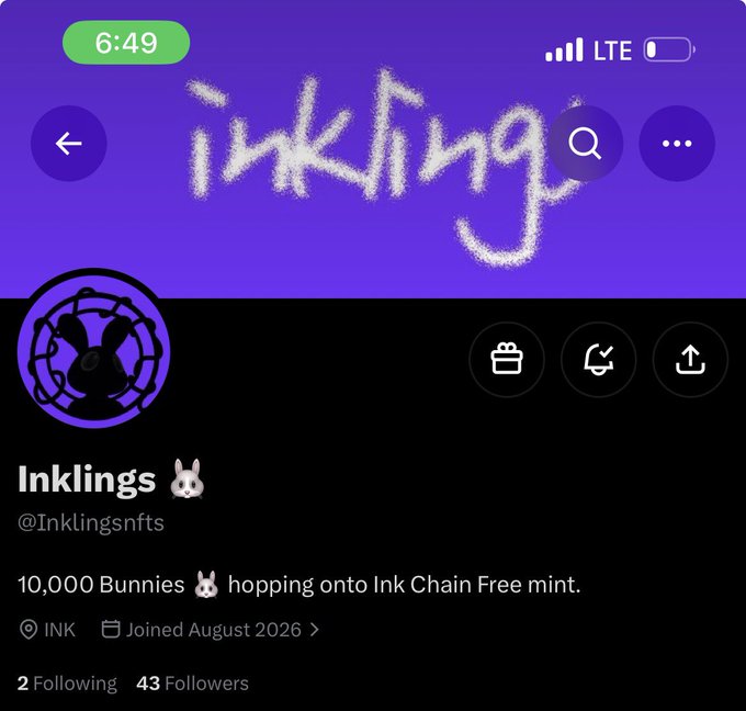 A Twitter/X profile page for 'Inklings' (@Inklingsnfts) describing '10,000 Bunnies hopping onto Ink Chain Free mint' with purple branding and graffiti-style header art.