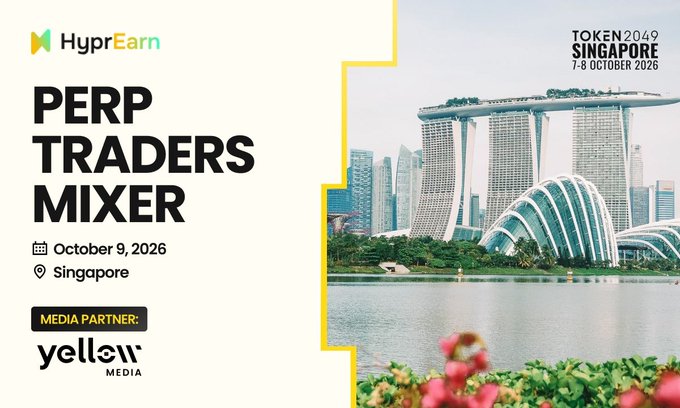 A promotional graphic for HyprEarn's "Perp Traders Mixer" event on October 9, 2026 in Singapore, featuring the iconic Marina Bay Sands skyline, with Yellow Media listed as a media partner alongside the TOKEN2049 Singapore conference branding (7-8 October 2026).