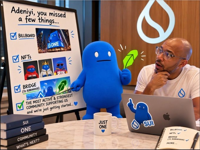A man looks thoughtfully at a presentation about the Sui community featuring a blue mascot character and a whiteboard listing 'BILLBOARD', 'NFTs', 'BRIDGE', and 'THE MOST ACTIVE & STRONGEST COMMUNITY SUPPORTING US'.