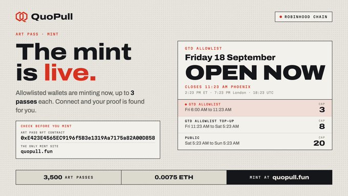 A promotional graphic for QuoPull's "ART PASS" NFT mint on Robinhood Chain, announcing a Friday, September 18th allowlist sale starting at 11:23 AM Phoenix time, with 3,500 passes available at 0.0075 ETH each and tiered caps of 3, 8, and 20 for different allowlist groups. The image relates to the post by celebrating the user's excitement about successfully minting passes for this upcoming project.
