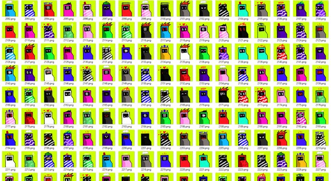 The image displays a grid of colorful pixel-art character icons, each labeled with sequential numbers and ".png" filenames (e.g., 2082.png to 2227.png), representing a collection of CryptoPunk NFTs. This relates to the post by Robinhood's founder criticizing how Ordinals/Bitcoin NFT promotions have become excessive and commercially absurd.