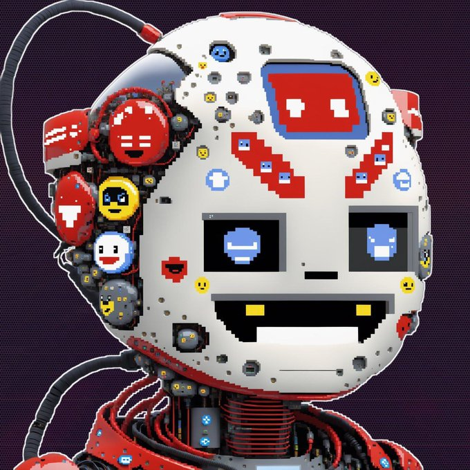 A stylized digital artwork of a white robotic head covered in small pixelated emoji faces, featuring a large red and blue screen on the forehead and glowing yellow eyes.