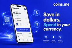 A promotional advertisement for coins.me displays a smartphone with a balance of $2,400.00 alongside the tagline 'Save in dollars. Spend in your currency.'