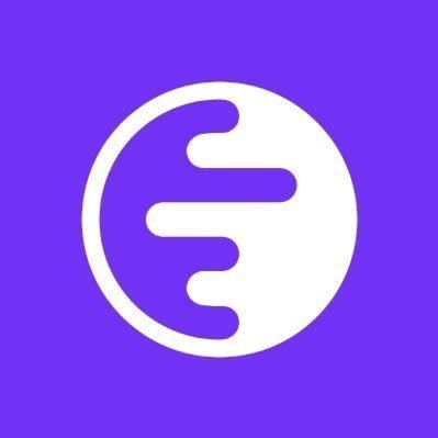 A purple logo featuring a white circular emblem with three horizontal lines of decreasing length extending from a central point, resembling a stylized letter 'E' or sound waves.