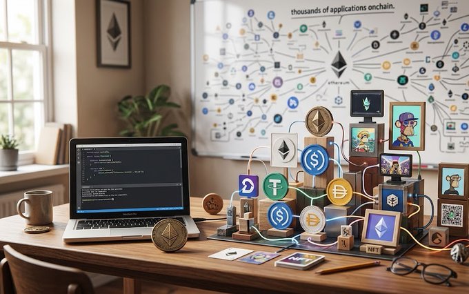 A home workspace featuring a laptop displaying code, surrounded by physical crypto coins (including ETH/USDT token replicas) and NFT displays, with a wall poster reading "thousands of applications onchain" showing Ethereum's interconnected ecosystem—visually emphasizing the post's reflection on how Ethereum evolved from a developer playground into a mature, 11-year-old platform powering a vast network of applications and tokens.