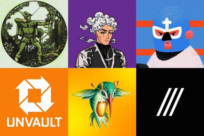 A collage of six panels featuring: a medieval archer, a white-haired anime character, a blue masked wrestler, the UNVAULT logo, a colorful chameleon-like creature, and a black panel with white diagonal stripes.