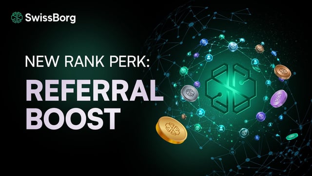 The image features a black background with a green logo that reads "SwissBorg" at the top of the screen. Below this logo, there are several coins scattered across the image, including gold, silver, and bronze ones. The text in the image suggests that the coins can be used to earn rewards or invite friends for a game called Lock BORG. The post also mentions that users can earn up to 2x rewards by participating in the game.
