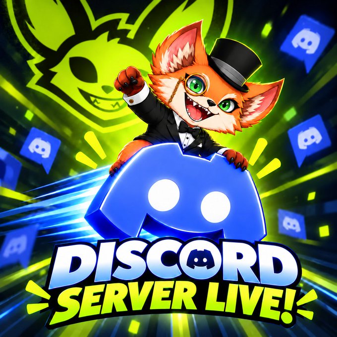 A lively promotional graphic features a fox in a tuxedo and top hat waving from behind the Discord logo, surrounded by neon green and blue accents. Bold text reads “DISCORD SERVER LIVE!” alongside Discord icons, matching the post’s playful invite to join the community at discord.gg/vaultlings.