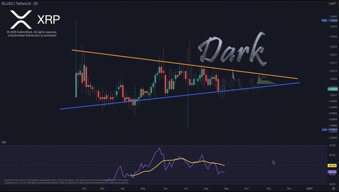 A 3D TradingView candlestick chart of RLUSD/USDT shows XRP's logo, a symmetrical triangle pattern forming between descending and ascending trendlines, and an RSI indicator, all overlaid with "Dark" text, illustrating the question of whether the RLUSD/USDT pair will hold its $1 peg or break the triangle pattern.