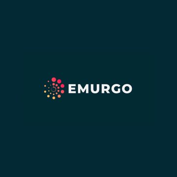 The image displays the EMURGO logo on a dark teal background, featuring the company name in bold white letters alongside a geometric icon composed of clustered dots in red, yellow, and gray. This logo represents the company referenced in the news about its DRep deregistration and resignation from the Intersect board amid the SecondFi recovery effort.
