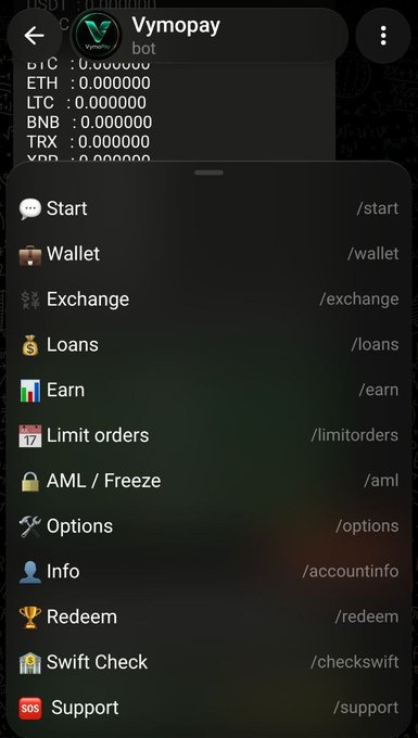 A screenshot of the Vymopay Telegram bot's command menu showing options like /wallet, /exchange, /loans, /earn, and /support, alongside a partial view of crypto balances (BTC, ETH, LTC, BNB, TRX, XRP all showing 0.000000). The image illustrates the new Vymopay wallet interface the user switched to, highlighting its wallet, exchange, and earning features as an alternative they trust more for security.