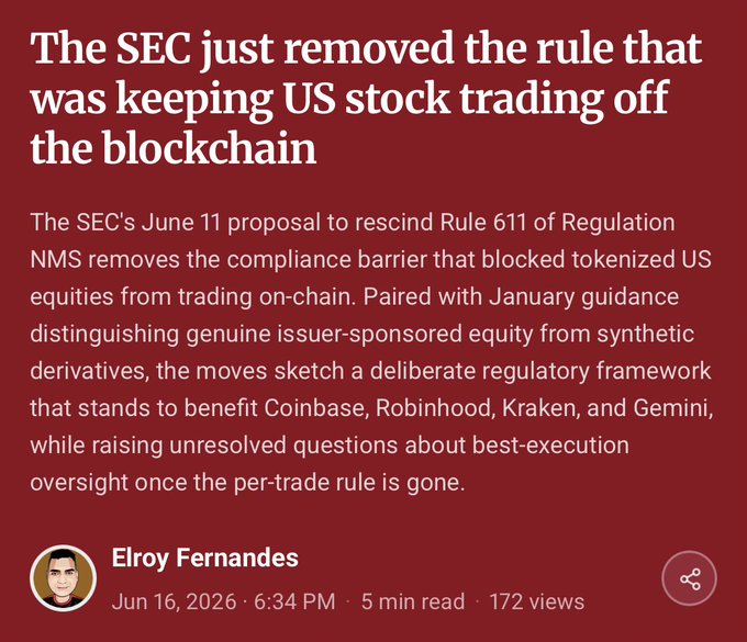 The image shows a red background with white text that reads "The SEC just removed the rule that was keeping US stock trading off the blockchain". The text also mentions that Robinhood has signaled its interest in tokenizing stocks, which could potentially lead to regulatory changes for the SEC and the broader market.