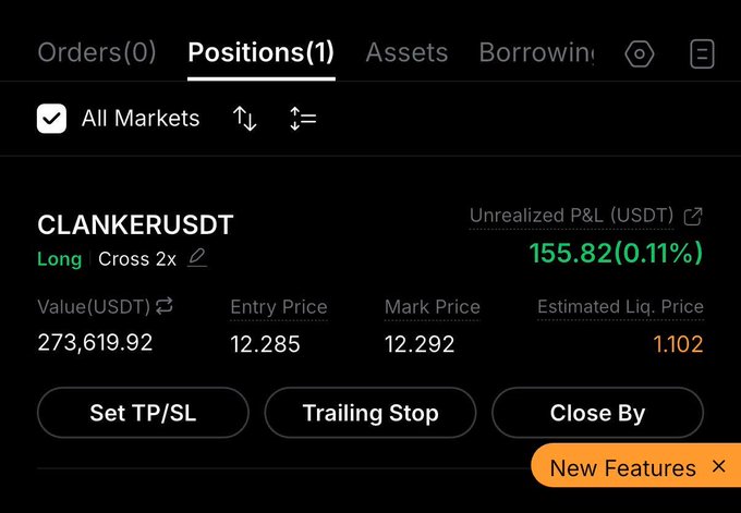 A crypto trading interface showing a long CLANKERUSDT position with “Cross 2x,” entry price 12.285, mark price 12.292, and unrealized P&L of 155.82 (0.11%); buttons include “Set TP/SL,” “Trailing Stop,” and “Close By.”