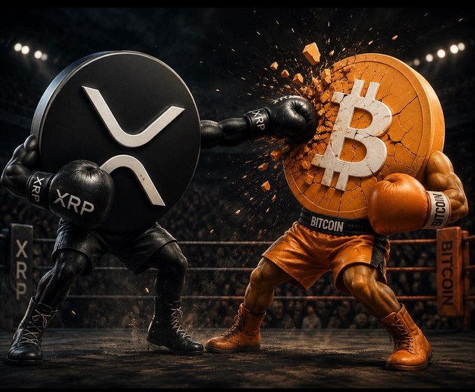 Digital artwork depicting a boxing match in a ring between coin figures: XRP on the left and Bitcoin on the right.