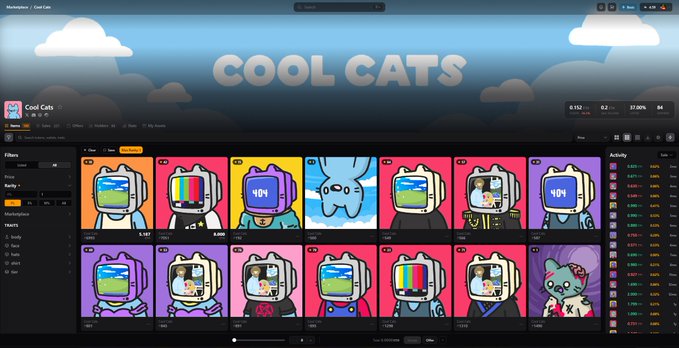 A screenshot of a Cool Cats NFT marketplace showing 12 cartoon cat avatars with various backgrounds and television-shaped heads, priced between approximately 8,000 and 8,500.