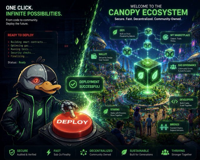 A promotional graphic for the 'Canopy Ecosystem' featuring an anthropomorphic penguin in a hoodie pressing a 'DEPLOY' button, with sections for Wallet, DeFi, NFT Marketplace, DAO Governance, Developers, Staking, and Bridges, and the tagline 'ONE CLICK. INFINITE POSSIBILITIES.'