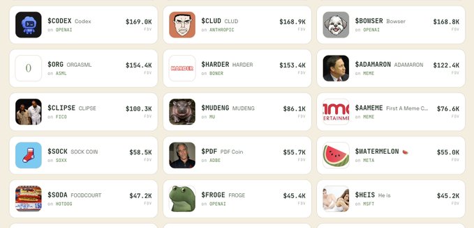 A grid listing various meme tokens with their tickers and prices, including $CODEX at $169.0K, $CLUD at $168.9K, $BOWSER at $168.8K, $ORGASML at $154.4K, and $HARDER at $153.4K.