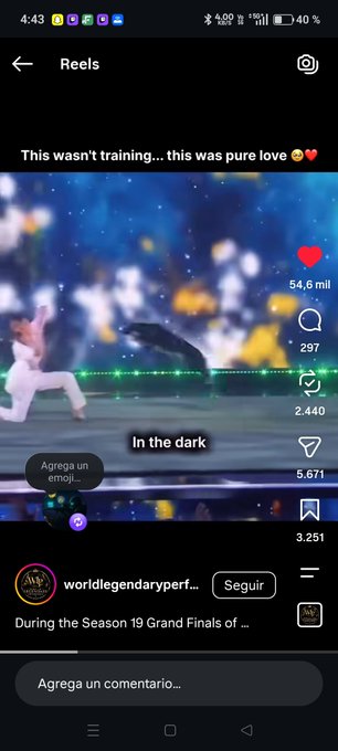 A screenshot of an Instagram Reel showing a performance captioned 'This wasn't training... this was pure love 🥺♥️' with text 'In the dark' and 'During the Season 19 Grand Finals', posted by 'worldlegendaryperf...'.