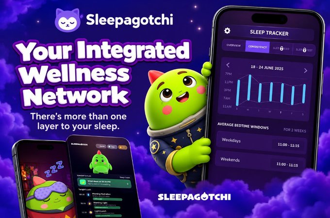 An advertisement for Sleepagotchi, described as 'Your Integrated Wellness Network' with the tagline 'There's more than one layer to your sleep,' shows a sleep tracker app interface with data from 18-24 June 2025.