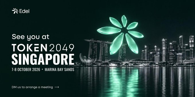 Event promotion for 'Token 2049 Singapore' hosted by Edel at Marina Bay Sands on 7-8 October 2026, showing the Singapore skyline with a large green flower graphic overlay and text 'DM us to arrange a meeting'.