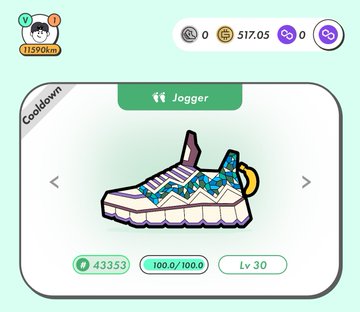 A screenshot of a mobile game showing a shoe called "Jogger" at Lv 30 with 100.0/100.0 durability, a price of 43353, and 517.05 in-game currency.