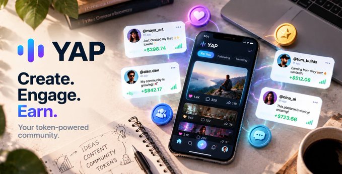 A promotional graphic for 'YAP' with the tagline 'Create. Engage. Earn.' described as 'Your token-powered community,' showing a smartphone app interface and floating post cards displaying earnings.