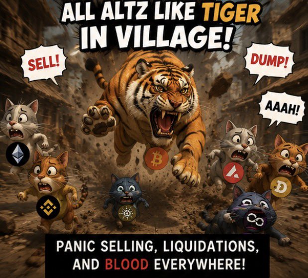 A dramatic illustration shows a fierce tiger charging through a village, surrounded by terrified cartoon cats bearing cryptocurrency logos (ETH, BTC, BNB, SOL, ADA, DOGE) with speech bubbles screaming "SELL!", "DUMP!", and "AAAH!", while bold text declares "ALL ALTZ LIKE TIGER IN VILLAGE!" and "PANIC SELLING, LIQUIDATIONS, AND BLOOD EVERYWHERE!" — visually capturing how a minor 1% BTC dip triggers disproportionate altcoin panic and liquidations.