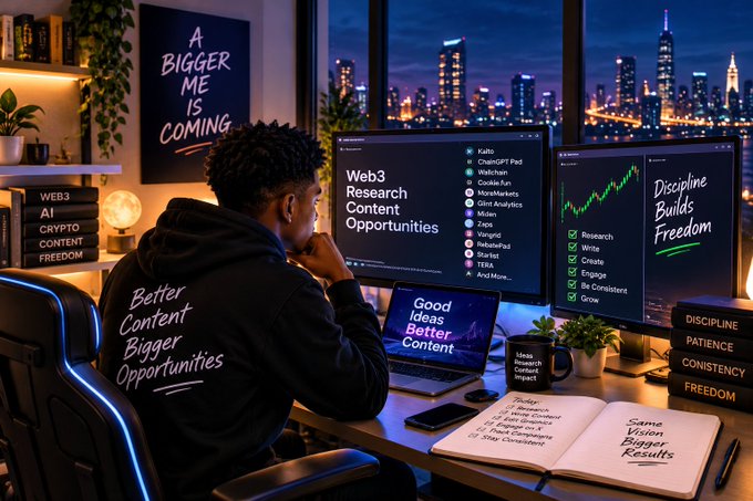A nighttime desk setup shows a person working across multiple screens displaying “Web3 Research Content Opportunities” and “Discipline Builds Freedom,” alongside notes and signs reading “A BIGGER ME IS COMING,” “WEB3 AI CRYPTO CONTENT FREEDOM,” and “Better Content Bigger Opportunities.”