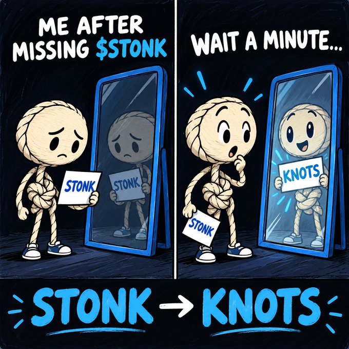 A two-panel comic meme featuring rope characters. Left panel: "ME AFTER MISSING $TONK" showing a sad rope holding "STONK" sign in a mirror. Right panel: "WAIT A MINUTE..." showing the rope surprised as the mirror shows "KNOTS". Bottom text: "STONK → KNOTS".