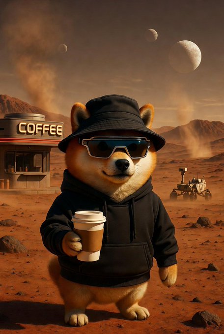 A digital illustration of a Shiba Inu dog wearing a black bucket hat, sunglasses, and hoodie, holding a coffee cup on a Mars-like landscape with a 'COFFEE' stand and rovers in the background.