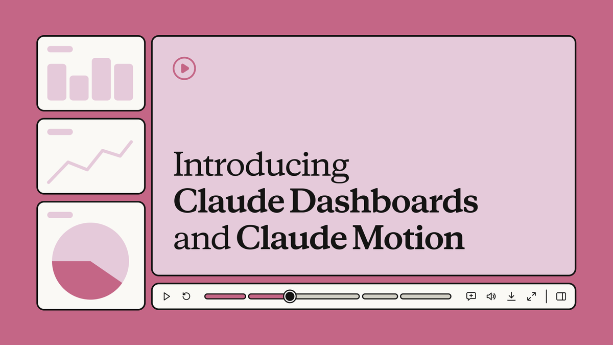 A pink-themed graphic announcing 'Introducing Claude Dashboards and Claude Motion' with stylized charts and a video player interface.