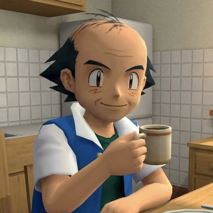 A 3D rendered anime-style character with a receding hairline, wearing a blue vest over a white shirt, holding a coffee mug in a kitchen setting.
