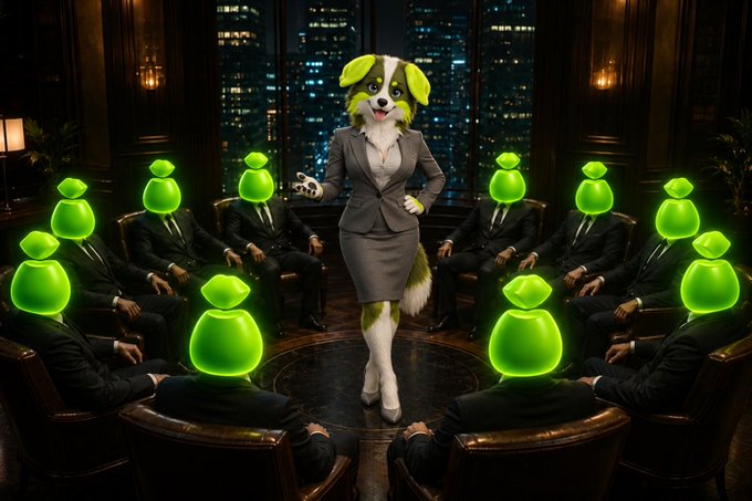 An AI-generated image of an anthropomorphic dog in a business suit holding a game controller, standing in a corporate boardroom surrounded by businessmen with glowing green bag heads.