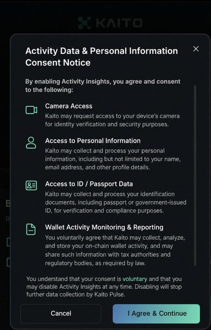 The image shows a Kaito "Activity Data & Personal Information Consent Notice" popup requesting consent for camera access, personal information, ID/passport data, and wallet activity monitoring to enable "Activity Insights." The screenshot illustrates the sarcastic post's point about the extensive personal data users are surrendering—camera, ID documents, and wallet tracking—just to earn "aura points" on the Kaito platform.