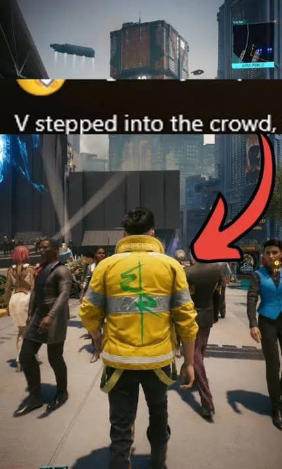 A screenshot from a video game showing a character in a yellow jacket with a green snake design on the back standing in a city street, with a text overlay 'V stepped into the crowd,' and a red arrow pointing toward the character.