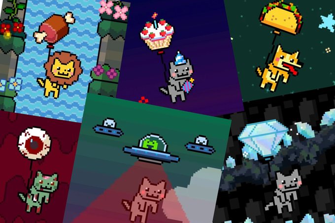 A collage of pixel art images featuring various stylized cats in different scenarios, including floating with balloons, driving UFOs, and holding food items.