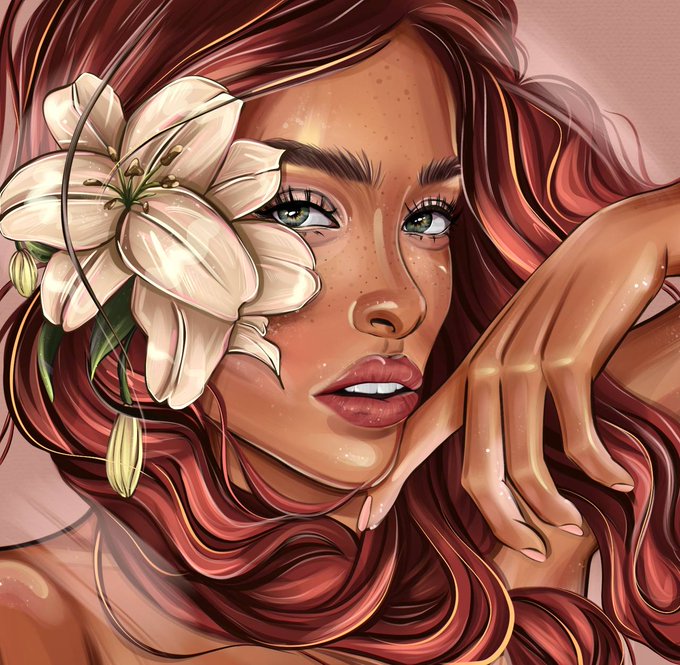 A digital illustration of a woman with long flowing auburn hair, green eyes, and freckles, with a large white lily flower covering her right eye and her hand resting near her face.