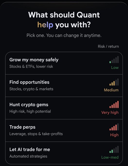 A dark-themed app interface titled 'What should Quant help you with?', offering options like 'Grow my money safely' (Low), 'Find opportunities' (Medium), 'Hunt crypto gems' (Very high), 'Trade perps' (High), and 'Let AI trade for me' (Low-med).