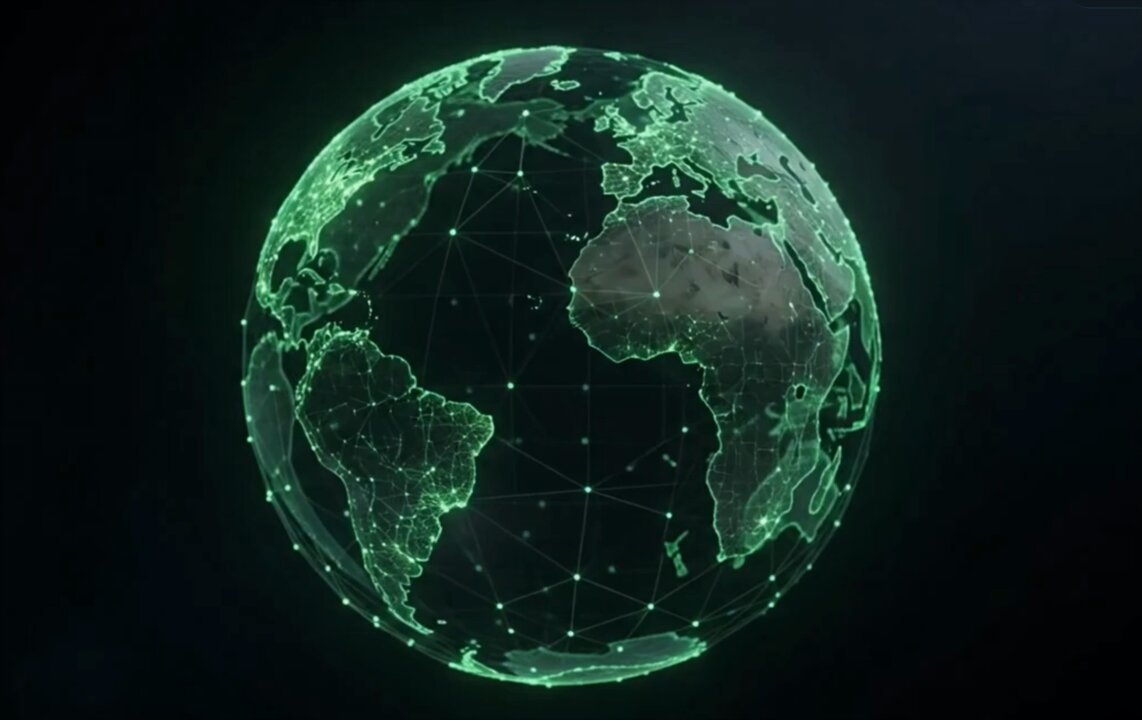 The image features a futuristic, green globe that appears to be floating in space. The globe has a network of lines connecting different parts of the world, creating an intricate web-like pattern across its surface. This unique design suggests that the globe is part of a larger system or project related to cryptocurrency and blockchain technology. The post also mentions a decentralized dark pool and OTC, which could be associated with the globe's innovative design.