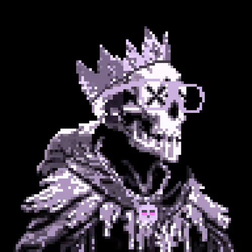 A pixel art image of a skeleton figure wearing a crown and dark robes, featuring a cross shape in one eye socket, rendered in purple and white tones.