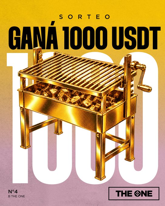 A Spanish-language sweepstakes poster reading "SORTEO GANÁ 1000 USDT" with "THE ONE" branding, featuring a gold barbecue grill over a large "1000" graphic on a yellow-to-pink gradient background.