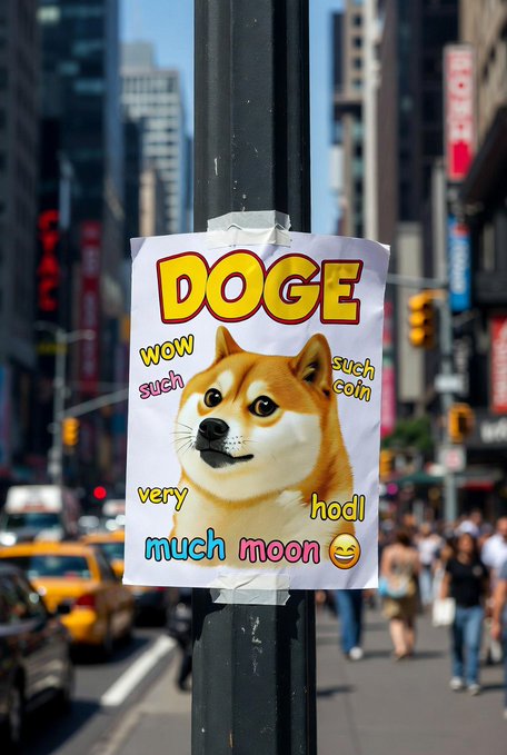 A poster attached to a street pole in a busy city, featuring a Shiba Inu dog with 'DOGE' in large yellow letters and meme-style text including 'wow', 'such coin', 'very much moon', and 'hodl'.
