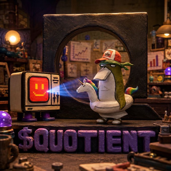 A surreal 3D scene shows a small television with a yellow smiley face on the screen projecting a beam toward a white unicorn wearing a green hood and red cap, sitting on a workbench above the purple text '$QUOTIENT'.