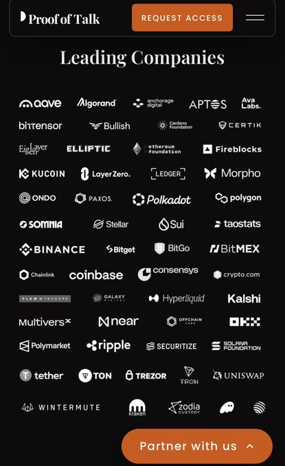 A webpage titled 'Proof of Talk' displaying 'Leading Companies' with a grid of cryptocurrency and blockchain company logos including Aave, Algorand, Aptos, Binance, Coinbase, Ethereum Foundation, Polygon, Ripple, Tether, and Uniswap, with a 'REQUEST ACCESS' button at the top and a 'Partner with Us' button at the bottom.