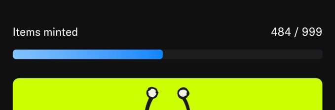 A progress bar showing 'Items minted' at 484 / 999, partially filled with a frog's eyes visible below.