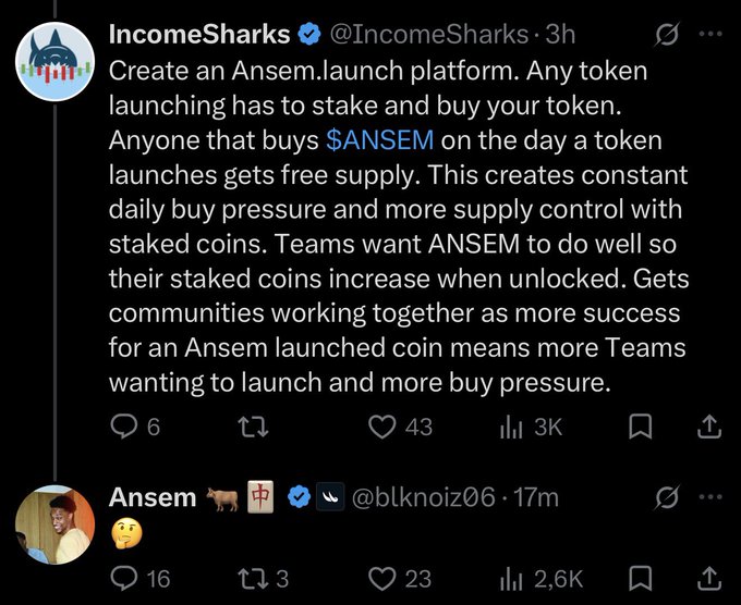 A Twitter screenshot shows IncomeSharks proposing an "Ansem.launch" platform where token launches must stake and buy $ANSEM, generating daily buy pressure, to which Ansem (@blknoiz06) responds with a thinking face emoji. This relates to the "pumpfun better rush that airdrop" caption, suggesting PumpFun is a competing launchpad platform that should accelerate its airdrop plans in response to this proposed rival.