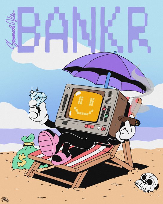 The image shows an illustration of a retro TV-headed character relaxing on a beach chair under an umbrella, holding a diamond and a cigar, with a money bag beside it and a skull on the sand. The text "BANKR" appears prominently at the top in pixelated letters, referencing the @bankrbot mentioned in the post—tying into the request to "buy this for me with $50."