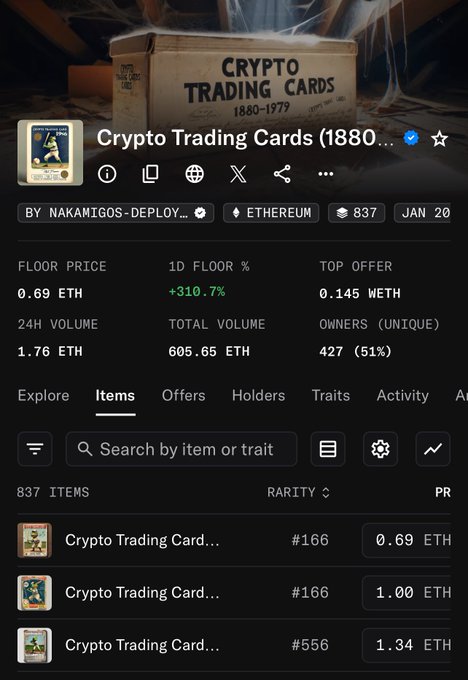A webpage for the "Crypto Trading Cards (1880...)" NFT collection on Ethereum by NAKAMIGOS-DEPLOY, showing a floor price of 0.69 ETH, 24H volume of 1.76 ETH, and 837 items.