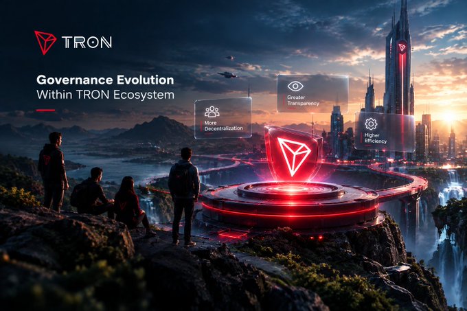 A TRON promotional graphic titled 'Governance Evolution Within TRON Ecosystem' featuring a futuristic cityscape with three holographic panels highlighting 'More Decentralization', 'Greater Transparency', and 'Higher Efficiency'.